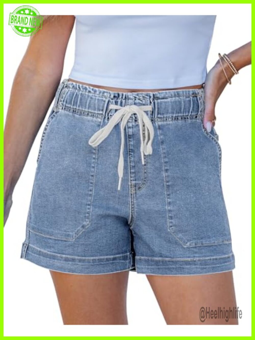 High Waisted Pull On Denim Shorts Drawstring Elastic Waist Stretchy